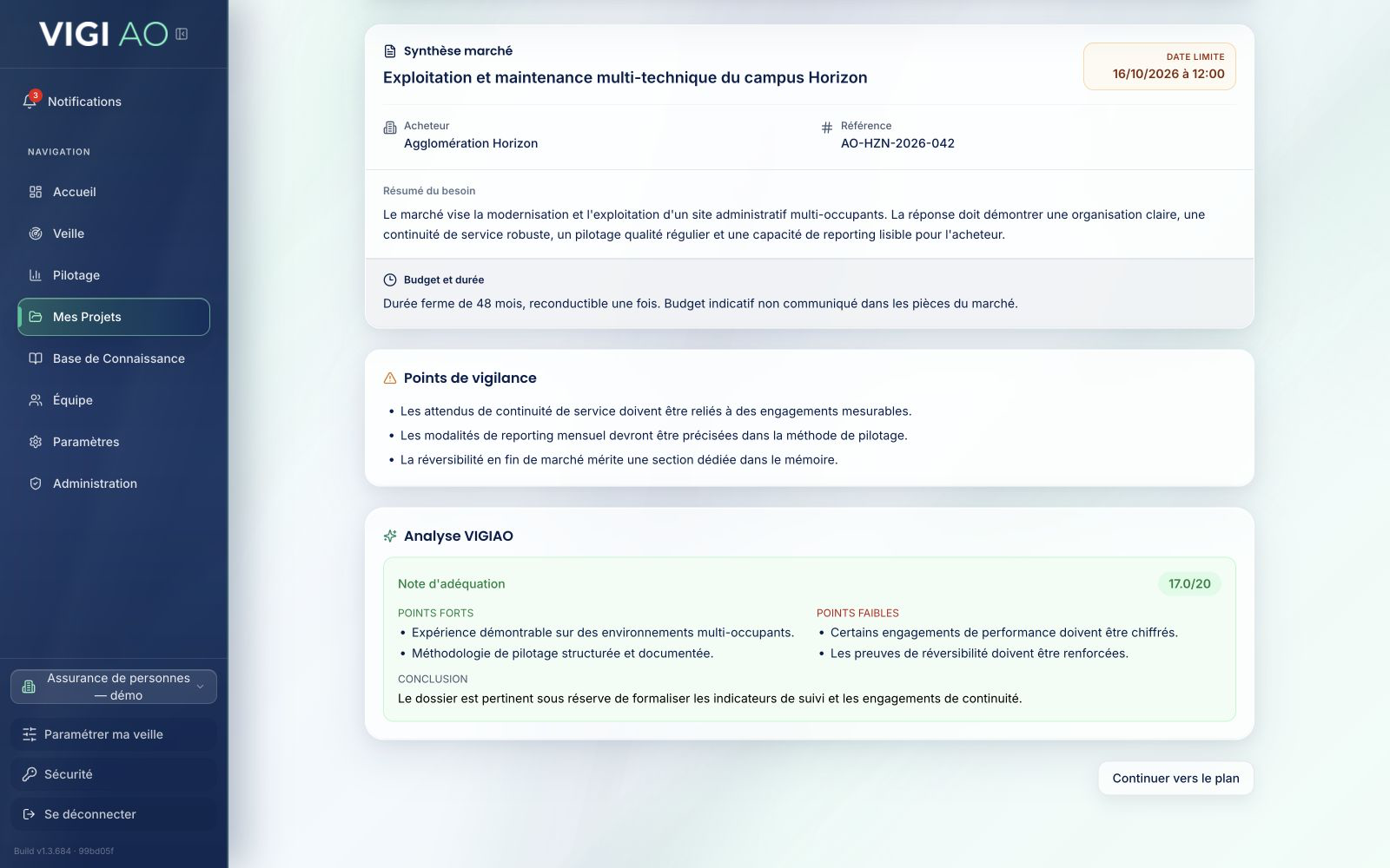 Synthèse d’un DCE dans VIGIAO avec critères, risques, échéances et sources